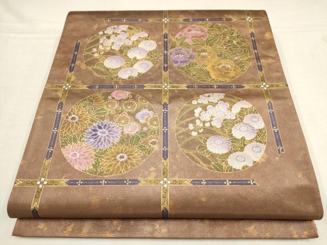 平和屋着物▼むらさき野謹製 太鼓柄袋帯 刺繍 天井花丸文 金彩 引箔 正絹 逸品 AAAX4771wj