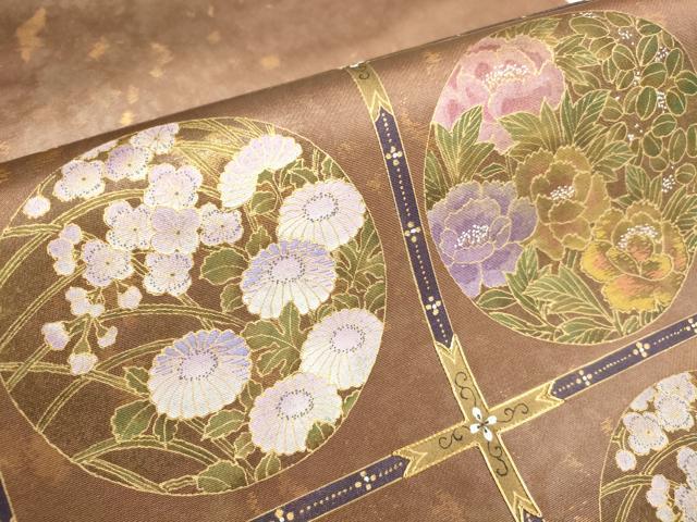 平和屋着物▼むらさき野謹製 太鼓柄袋帯 刺繍 天井花丸文 金彩 引箔 正絹 逸品 AAAX4771wj