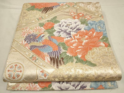 平和屋着物▼六通柄袋帯 唐織 九百錦 天井花鳥文 金糸 正絹 逸品 AAAX4788wj
