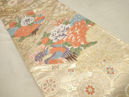 平和屋着物▼六通柄袋帯 唐織 九百錦 天井花鳥文 金糸 正絹 逸品 AAAX4788wj