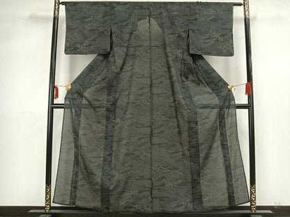 平和屋着物＊夏物　小紋　紗　風景文　黒地　洗える着物　AAAX5297fy