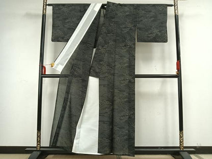 平和屋着物＊夏物　小紋　紗　風景文　黒地　洗える着物　AAAX5297fy