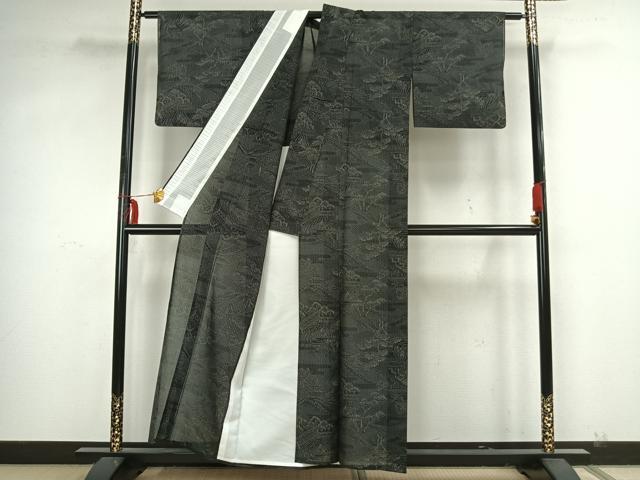 平和屋着物＊夏物　小紋　紗　風景文　黒地　洗える着物　AAAX5297fy