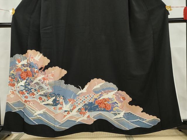 平和屋着物■豪華黒留袖 桧扇飛鶴花文 金彩 正絹 逸品 AAAX5728cs