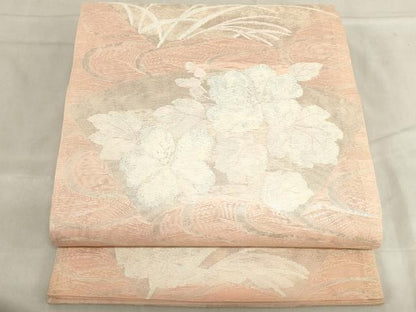 平和屋着物＊夏物　六通柄袋帯　流水地紙花文　銀糸　正絹　逸品　AAAX5928ma