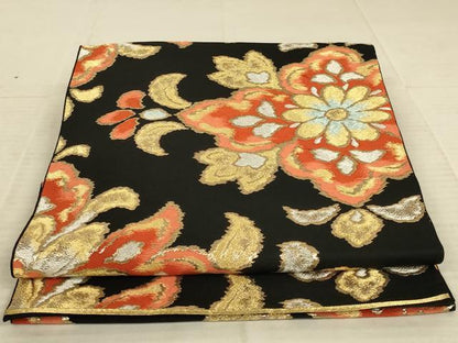 平和屋着物◎六通柄袋帯 草花文 黒地 金銀糸 正絹 逸品 AAAX6291ou