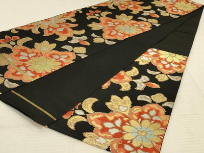 平和屋着物◎六通柄袋帯 草花文 黒地 金銀糸 正絹 逸品 AAAX6291ou