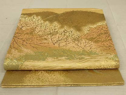 平和屋着物◎六通柄袋帯　風景文　金糸　正絹　逸品　AAAX6294ou