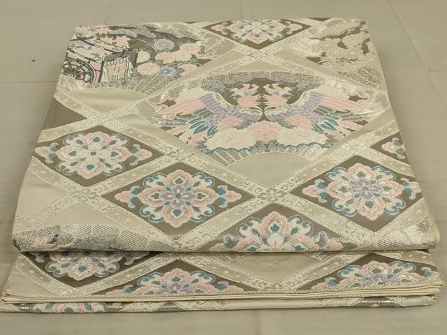 平和屋着物◎六通柄袋帯 唐織 扇面天井文 プラチナ箔 正絹 逸品 AAAX6296ou