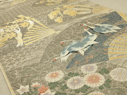 平和屋着物◎六通柄袋帯　唐織　琳派の絵扇　プラチナ箔　正絹　逸品　AAAX6310ou