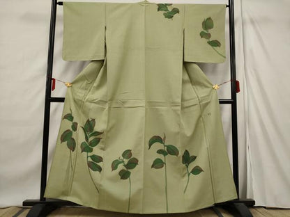 平和屋着物▽訪問着 単衣 紬地 作家物 草花文 正絹 逸品 AAAX6737st