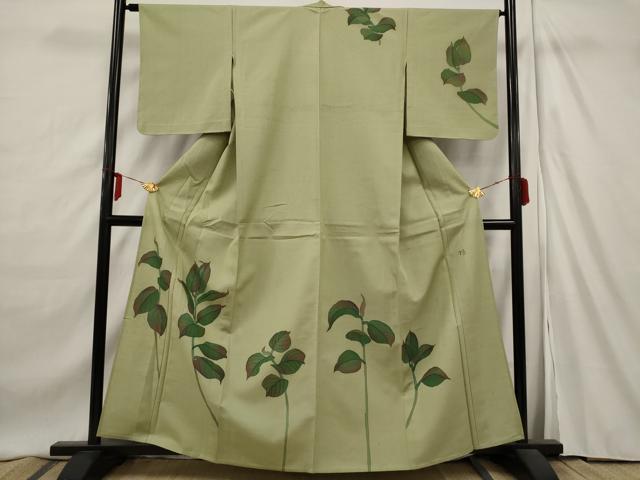 平和屋着物▽訪問着 単衣 紬地 作家物 草花文 正絹 逸品 AAAX6737st