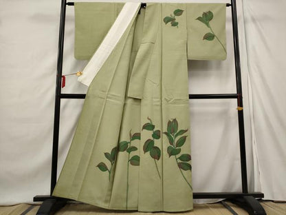 平和屋着物▽訪問着 単衣 紬地 作家物 草花文 正絹 逸品 AAAX6737st