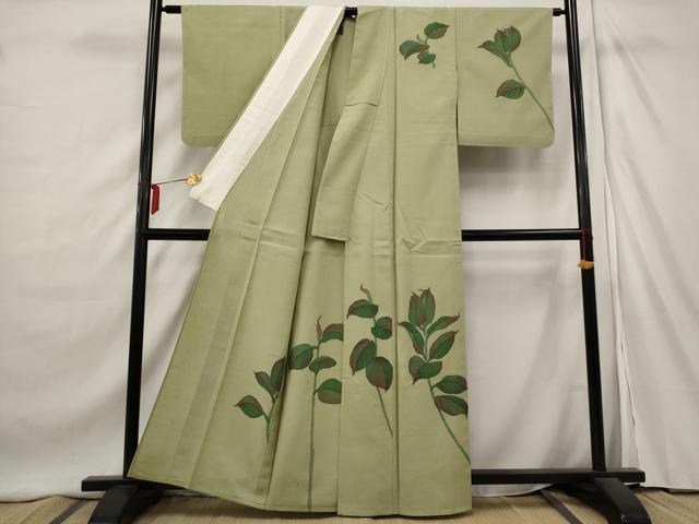 平和屋着物▽訪問着 単衣 紬地 作家物 草花文 正絹 逸品 AAAX6737st