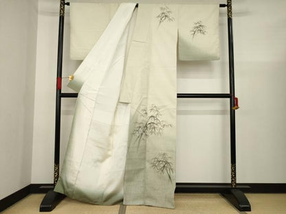 平和屋着物●訪問着 紬地 手描き 笹竹文 暈し染め 正絹 逸品 AAAX6981ck