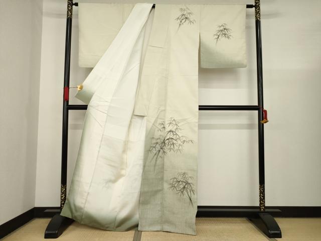 平和屋着物●訪問着 紬地 手描き 笹竹文 暈し染め 正絹 逸品 AAAX6981ck