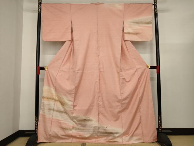 平和屋着物●訪問着　紬地　刺繍　霞松葉花文　暈し染め　反端付き　正絹　逸品　AAAX6986ck