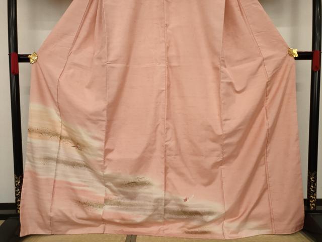 平和屋着物●訪問着　紬地　刺繍　霞松葉花文　暈し染め　反端付き　正絹　逸品　AAAX6986ck
