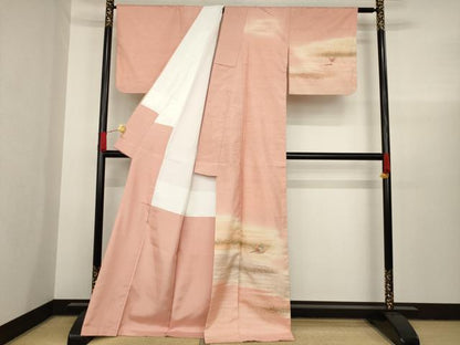 平和屋着物●訪問着　紬地　刺繍　霞松葉花文　暈し染め　反端付き　正絹　逸品　AAAX6986ck