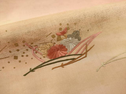 平和屋着物●訪問着　紬地　刺繍　霞松葉花文　暈し染め　反端付き　正絹　逸品　AAAX6986ck
