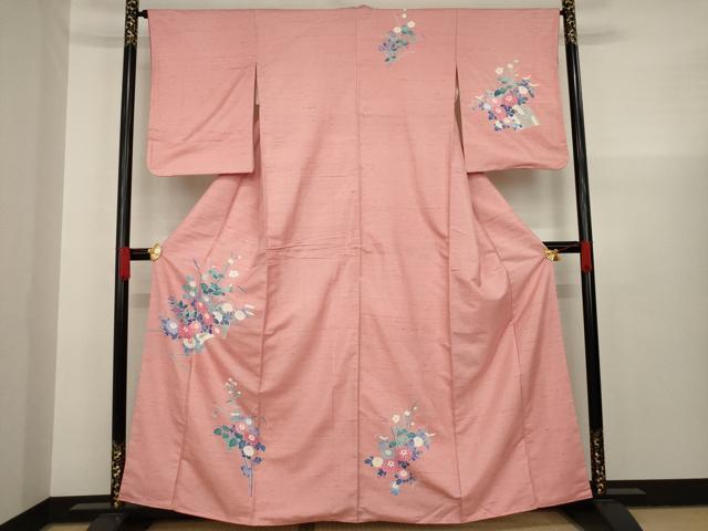 平和屋着物●訪問着 友禅 紬地 地紙草花文 正絹 逸品 AAAX6987ck