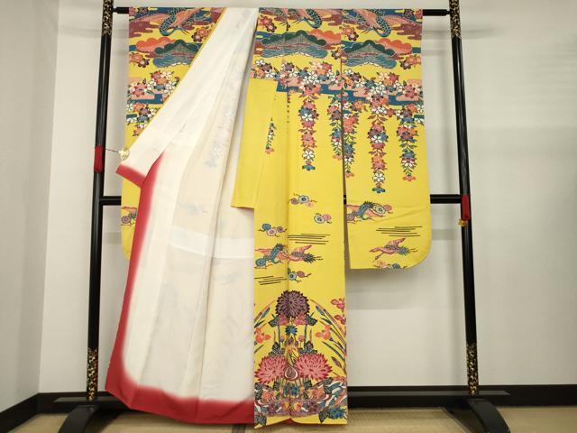 平和屋着物●本場琉球紅型　振袖　飛鶴花文　正絹　逸品　AAAX7000ck