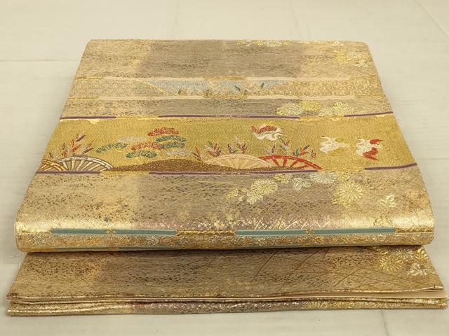 平和屋着物◎六通柄袋帯　蒔絵松鶴段文　金糸　正絹　逸品　AAAX7275ou