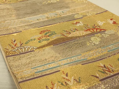 平和屋着物◎六通柄袋帯　蒔絵松鶴段文　金糸　正絹　逸品　AAAX7275ou