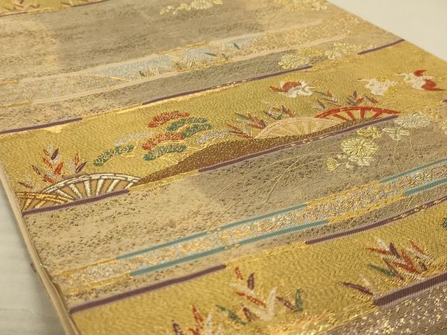 平和屋着物◎六通柄袋帯　蒔絵松鶴段文　金糸　正絹　逸品　AAAX7275ou
