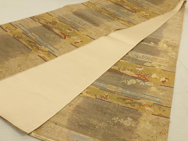 平和屋着物◎六通柄袋帯　蒔絵松鶴段文　金糸　正絹　逸品　AAAX7275ou
