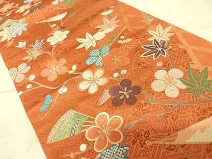 平和屋着物◎六通柄袋帯 唐織 秀彩梅花紅葉文 金糸 正絹 逸品 AAAX7469yx