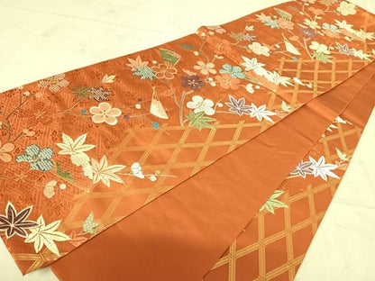 平和屋着物◎六通柄袋帯 唐織 秀彩梅花紅葉文 金糸 正絹 逸品 AAAX7469yx