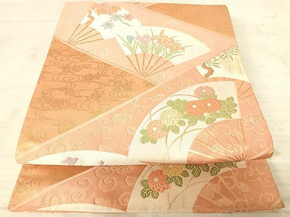 平和屋着物◎六通柄袋帯　唐織　扇面花文　金糸　正絹　逸品　AAAX7470yx