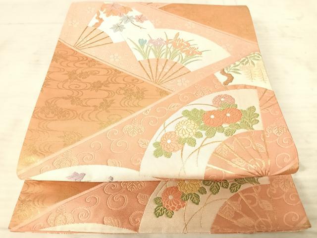 平和屋着物◎六通柄袋帯　唐織　扇面花文　金糸　正絹　逸品　AAAX7470yx
