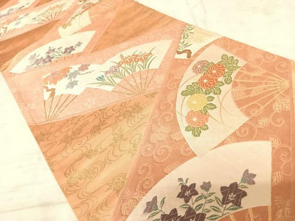 平和屋着物◎六通柄袋帯　唐織　扇面花文　金糸　正絹　逸品　AAAX7470yx