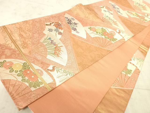 平和屋着物◎六通柄袋帯　唐織　扇面花文　金糸　正絹　逸品　AAAX7470yx