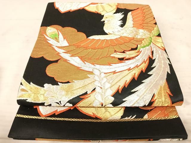 平和屋着物◎六通柄袋帯　鳳凰花文　黒地　金銀糸　正絹　逸品　AAAX7482yx
