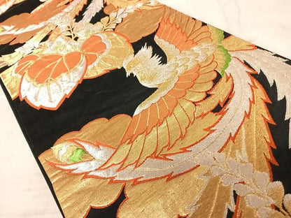 平和屋着物◎六通柄袋帯　鳳凰花文　黒地　金銀糸　正絹　逸品　AAAX7482yx