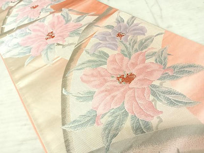 平和屋着物◎六通柄袋帯　唐織　草花文　銀糸　正絹　逸品　AAAX7492yx