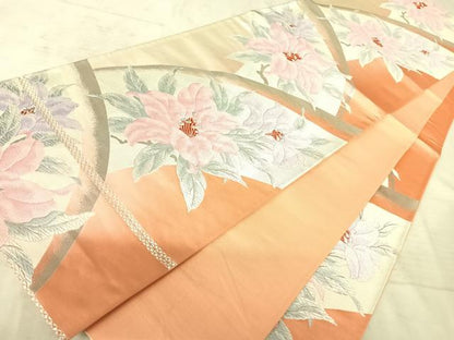 平和屋着物◎六通柄袋帯　唐織　草花文　銀糸　正絹　逸品　AAAX7492yx