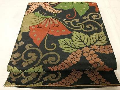 平和屋着物◎全通柄袋帯 舞蝶文 黒地 金糸 正絹 逸品 AAAX7494yx