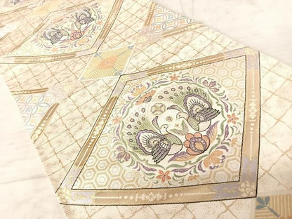 平和屋着物◎六通柄袋帯　唐織　清少錦　孔雀更紗花文　金糸　正絹　逸品　AAAX7512yx