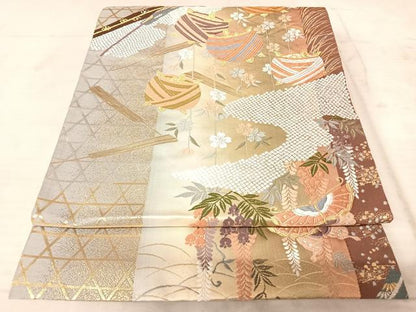 平和屋着物◎六通柄袋帯　唐織　糸巻花蝶文　銀糸　正絹　逸品　AAAX7513yx