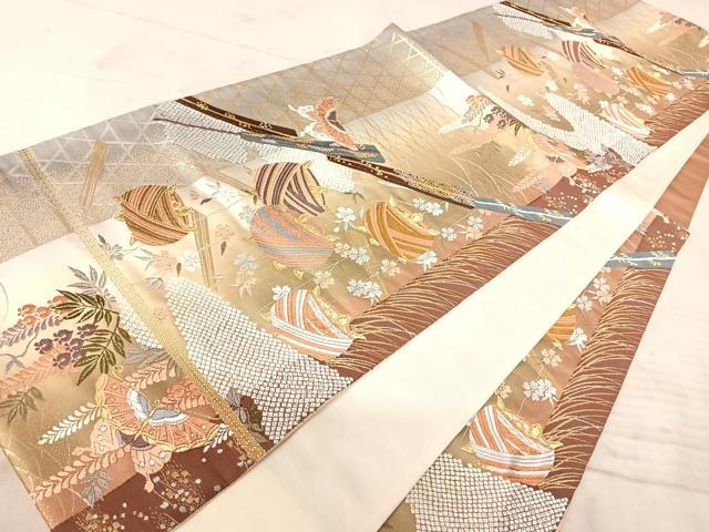 平和屋着物◎六通柄袋帯　唐織　糸巻花蝶文　銀糸　正絹　逸品　AAAX7513yx
