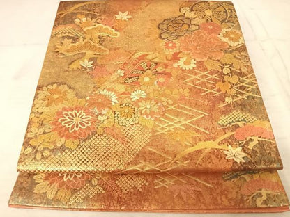 平和屋着物◎太鼓柄袋帯　流水花文　金彩　正絹　逸品　AAAX7518yx