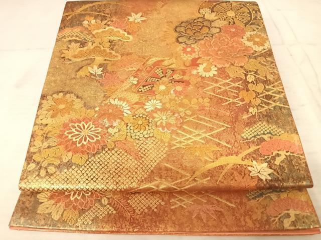 平和屋着物◎太鼓柄袋帯　流水花文　金彩　正絹　逸品　AAAX7518yx