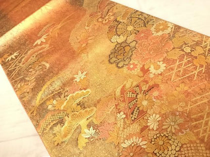 平和屋着物◎太鼓柄袋帯　流水花文　金彩　正絹　逸品　AAAX7518yx