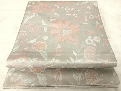 平和屋着物◎全通柄袋帯　更紗花文　銀糸　正絹　逸品　AAAX7567yx