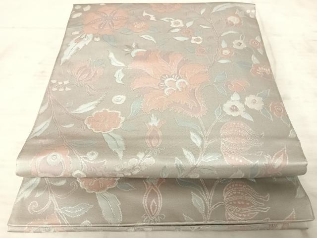 平和屋着物◎全通柄袋帯　更紗花文　銀糸　正絹　逸品　AAAX7567yx