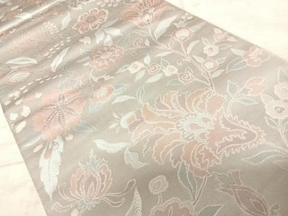 平和屋着物◎全通柄袋帯　更紗花文　銀糸　正絹　逸品　AAAX7567yx
